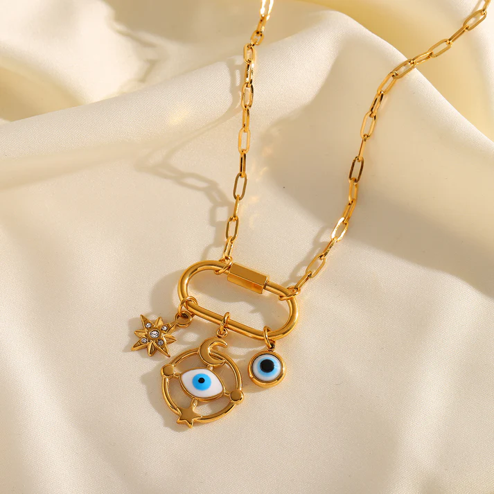 Gold Charm Necklace with Evil Eye &amp;amp;amp;amp; Star Pendants